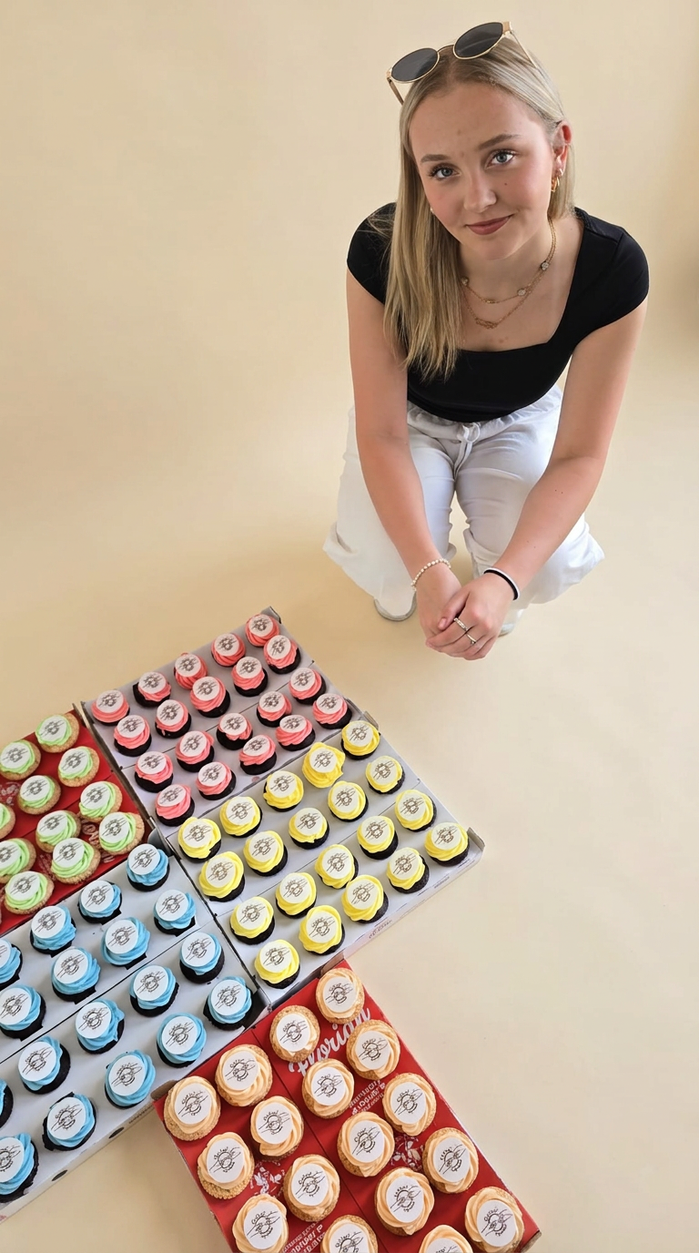 Bára Voltnerová s připravenými cupcakes s jedlým potiskem loga